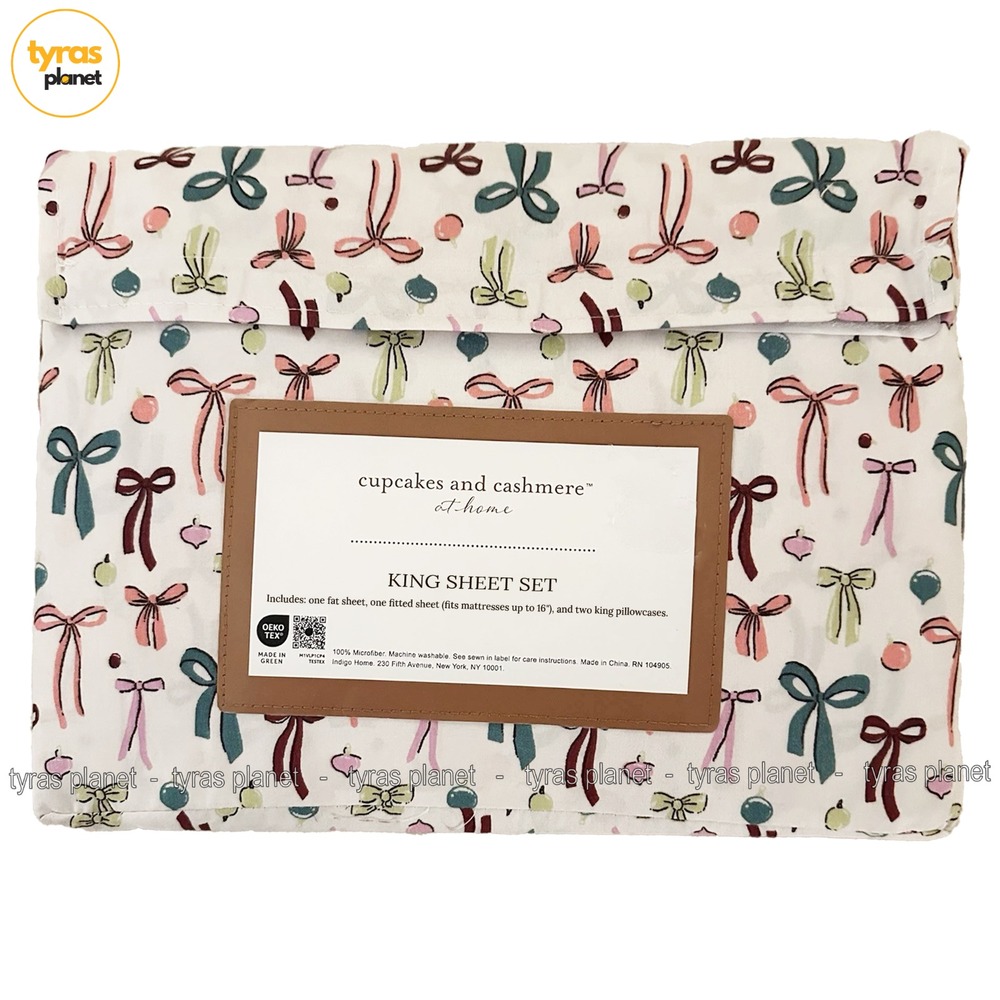 Cupcakes & Cashmere King Sheet Set Ribbon Bow Pattern White Pink Green Microfibe